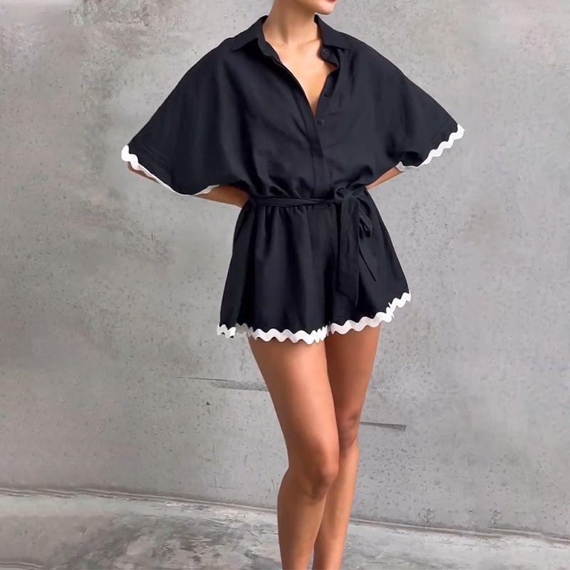 

Temperament Solid Short sleeve Shirts Jumpsuit Women clothes Versitile Fashion Shirt Jumpsuit for Women Black S