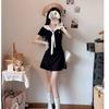 Summer new design sense age reduction waist thin skirt French sweet college style navy collar dress women