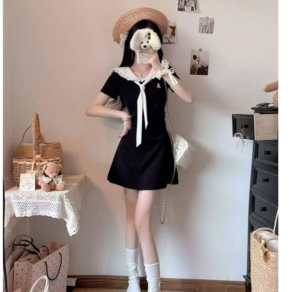 Summer new design sense age reduction waist thin skirt French sweet college style navy collar dress women