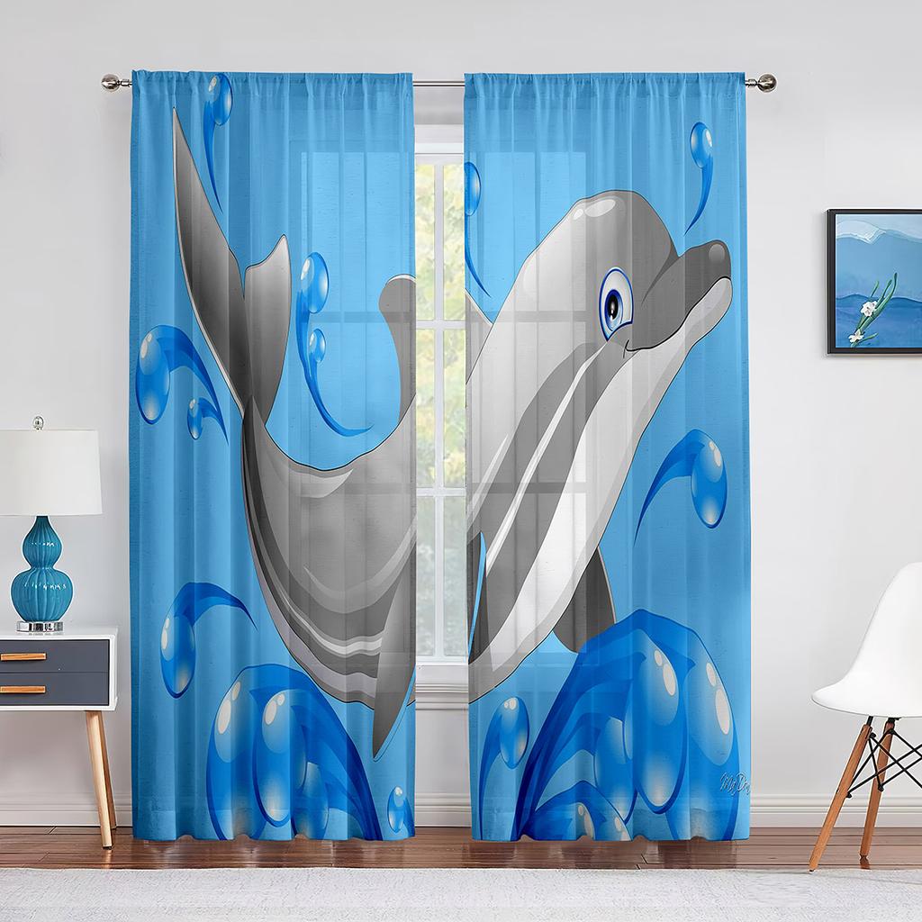 Cartoon Ocean Animal Sheer Voile Curtain Dolphin Sea Lion Whale Window Tulle Curtains for Living Room Kids Bedroom Kitchen Decor