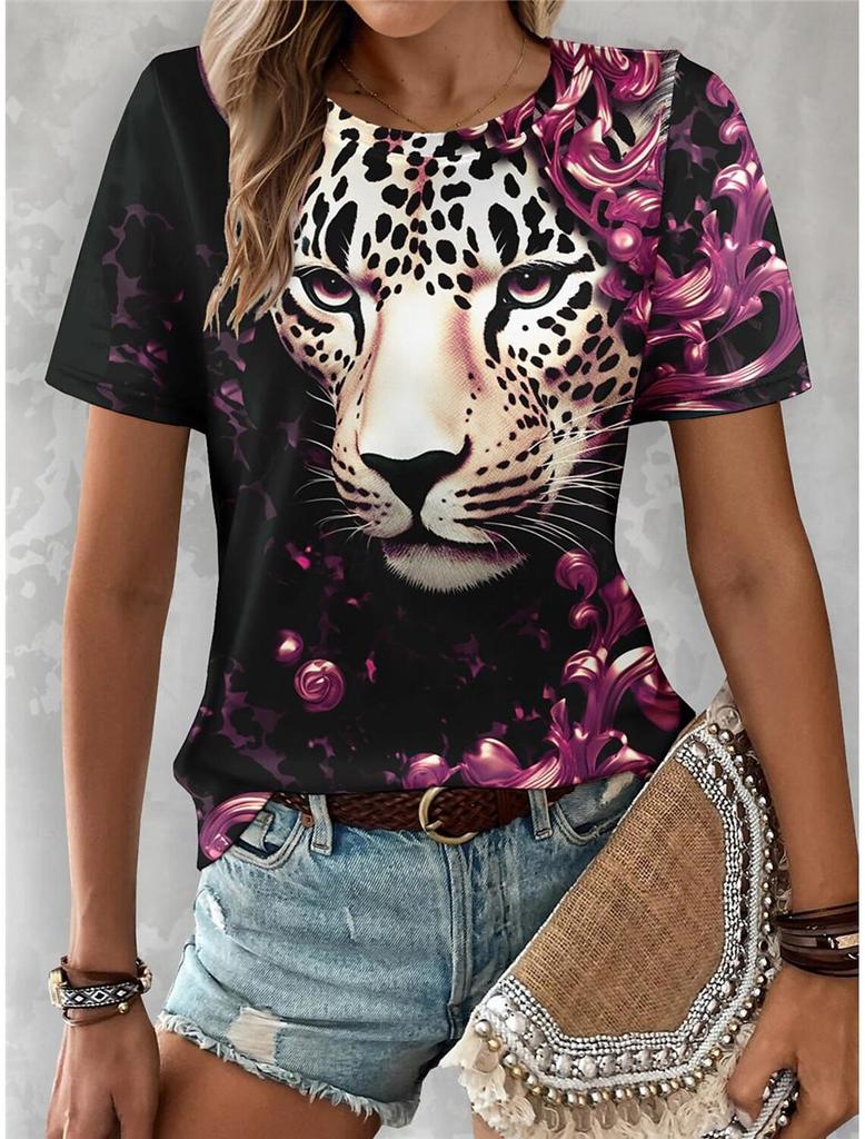 Sommer Damen Pendelshirt mit Löwenprint, Rundhalsausschnitt, kurzärmlig