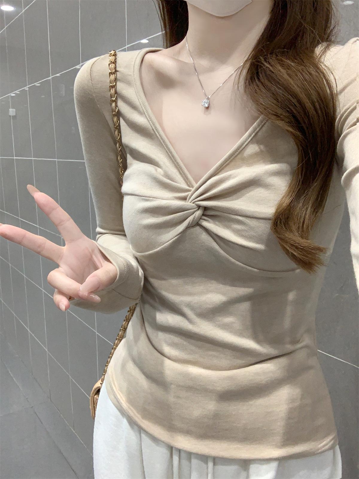 

2025 Autumn/Winter Korean Slim-Fit Cashmere V-Neck Pleated Long Sleeve T-Shirt Medium абрикосовый/цветочный