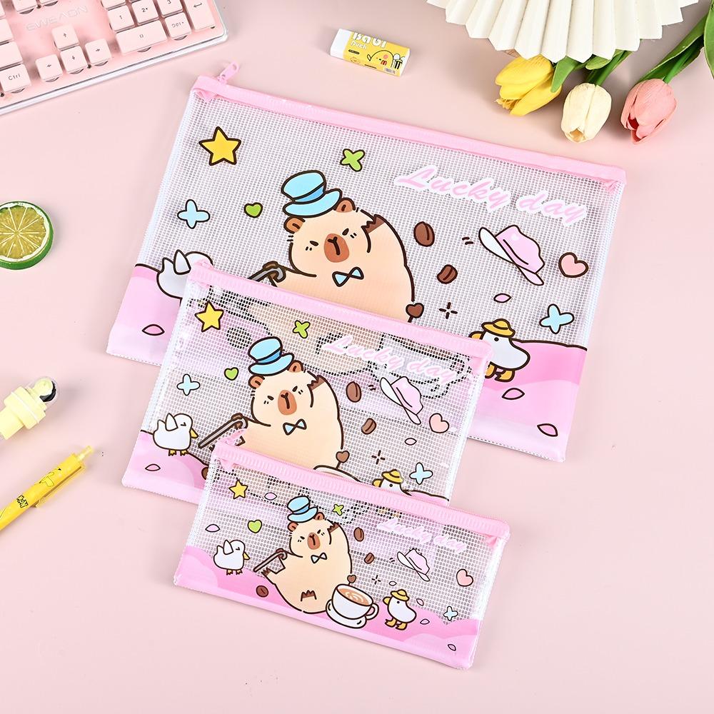 3PCS Cartoon PVC Mesh File Bag Capybara Large Capacity Zipper Pen Bag Waterproof Transparent Grid Storage Bag