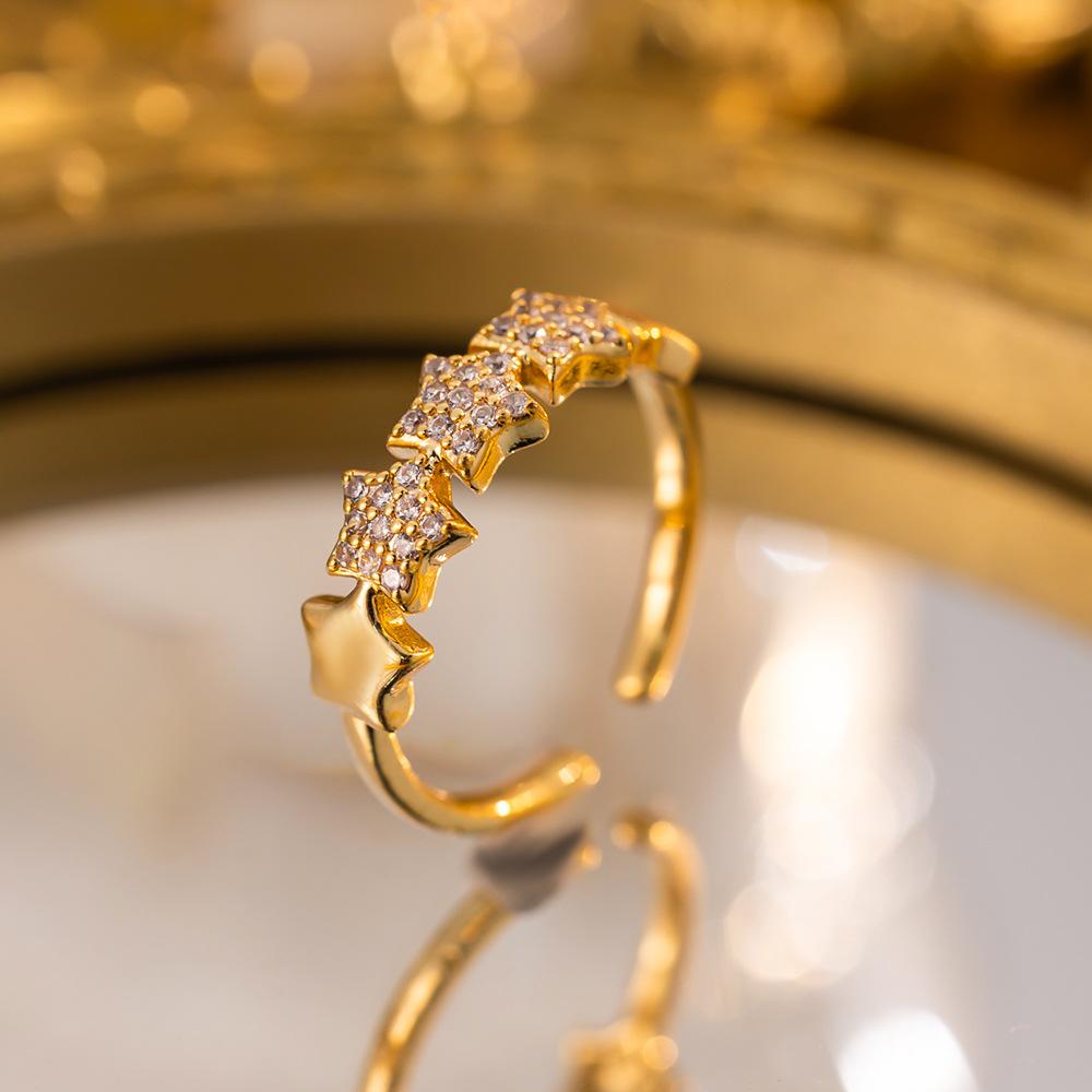 Exquisite super flash zircon ring for girls, light luxury, high-end sense opening adjustable ring, simple real gold electroplating