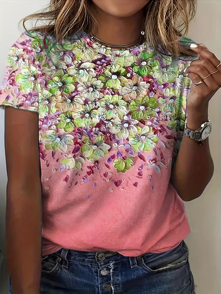 Elegant and Fashionable Colorful Rose Print Round Neck Ladies T-shirt Summer All-match Refreshing T-shirt