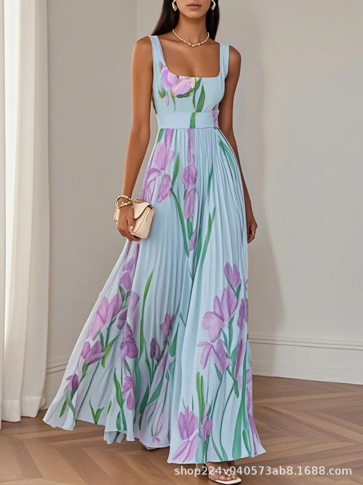 Damen Maxikleid mit Blumenmuster und Rüschensaum, Blaues und Grünes Blumenmuster, Elegantes A-Linien-Langkleid