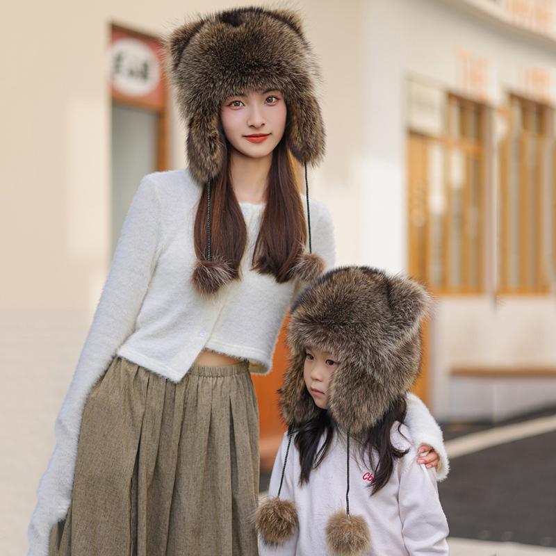 Cozy Raccoon Tail Hat with Ear Muffs for Kids and Adults - American Badger Style Fox Fur Imitation Ear Warmers with Cat Ears