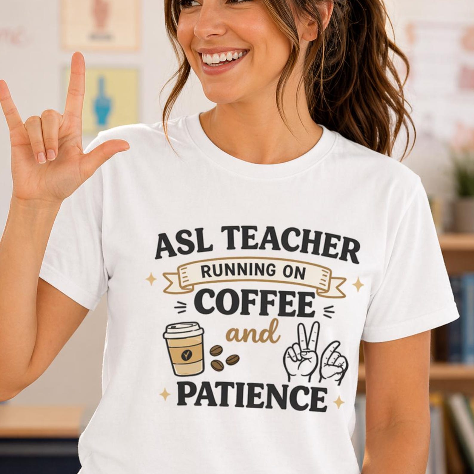 ASL Teacher Shirt, Coffee Patience Sign Language Gift, Unisex Tee XL