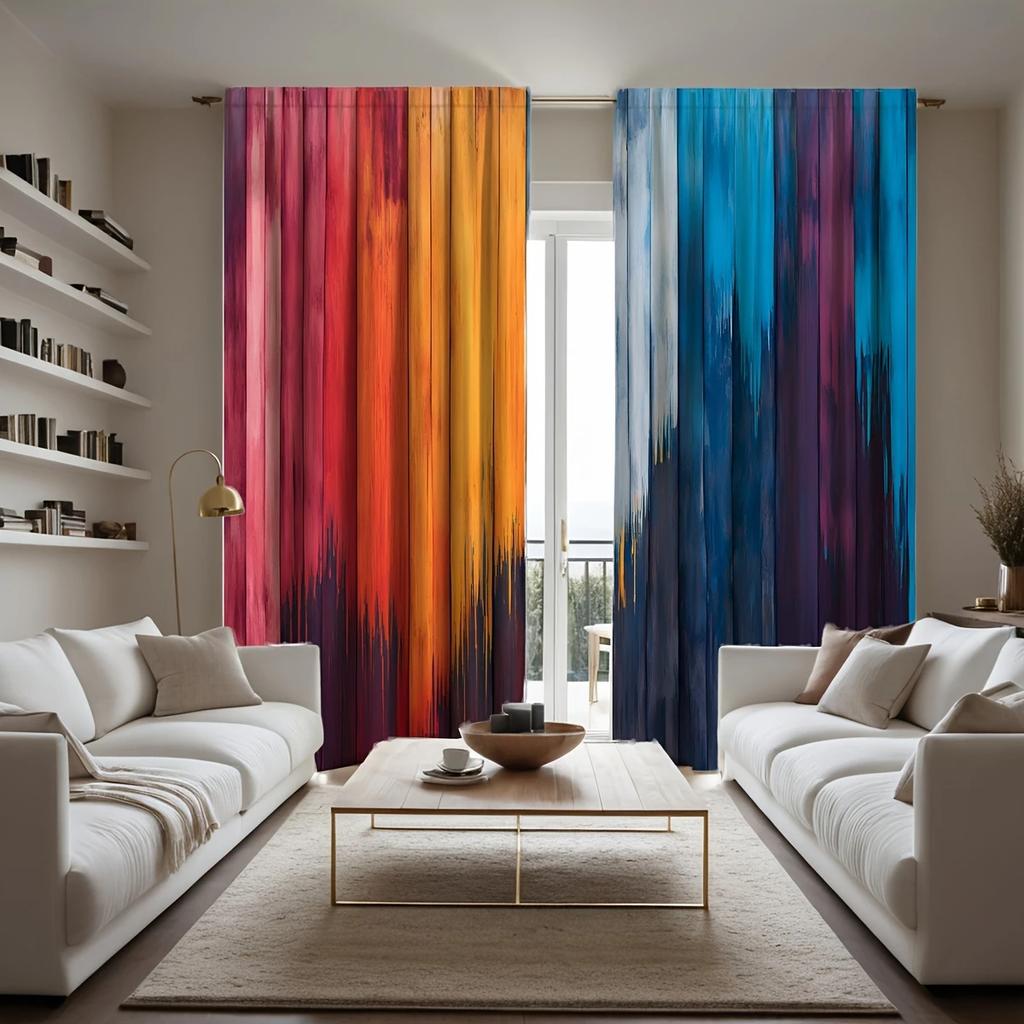 Set Of 2 Artistic Classic Striped Color Block Printed Curtains Bagged Home Decoration Room Curtain Polyester