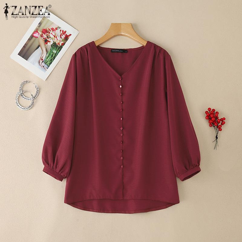 

ZANZEA Women Casual V-Neck Solid Color 3/4 Sleeve Loose Blouse S вина червоного кольору