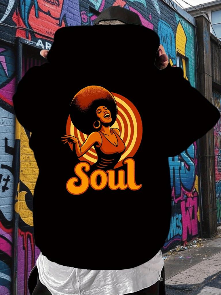 Casual Soul Dance Graphic hoodie - Trendy Black Pullover with Vibrant Orange & Yellow Design