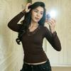 Sexy Neues V-Ausschnitt Spitzen Langarm T-Shirt für Damen im Frühling und Herbst Slim Fit Basic Bottom Top Süß Einfarbige Durchbrochene Hemden Elegante Kleidung