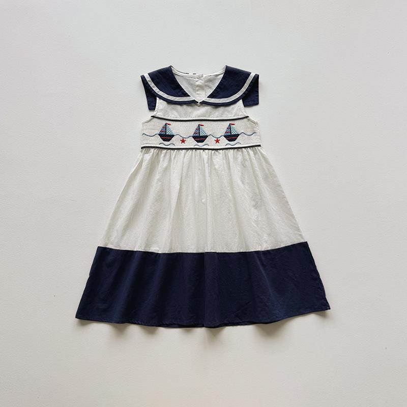 Girls Navy Sleeveless Collar Dress Summer Preppy Smocked Cotton Sailboat Embroidered Party Dress For Kids 90cm