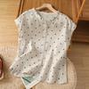 Women Beige Linen Blend Polka Dot Blouse With Ruffled Neck And Cap Sleeves Casual Summer Top