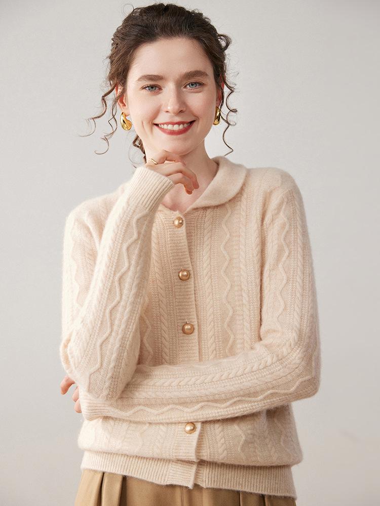 Korean Style Loose Cashmere Cable Knit Polo Collar Cardigan for Women