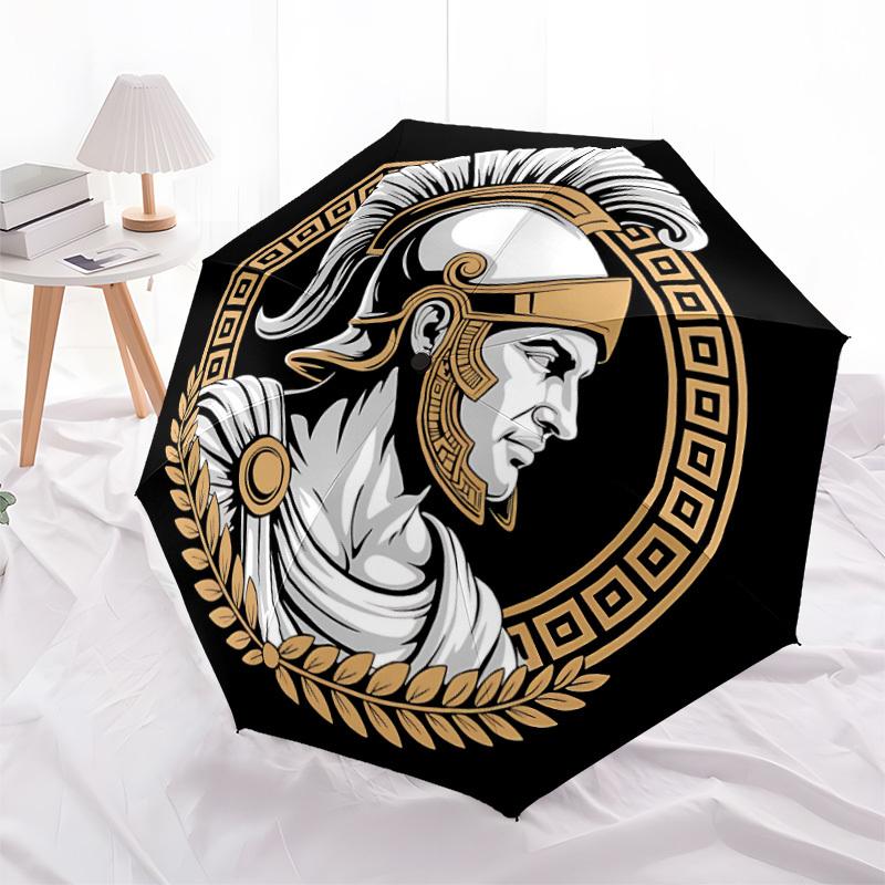 1pc Greek Warrior Automatic Folding Umbrella - Windproof Compact Travel Umbrella with Auto Open/Close, 8-Rib Heavy-Duty Shaft for Women/Men A038