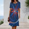 Women Plus Size Round Neck Short Sleeve Star Printed A Line Dress Red White Blue