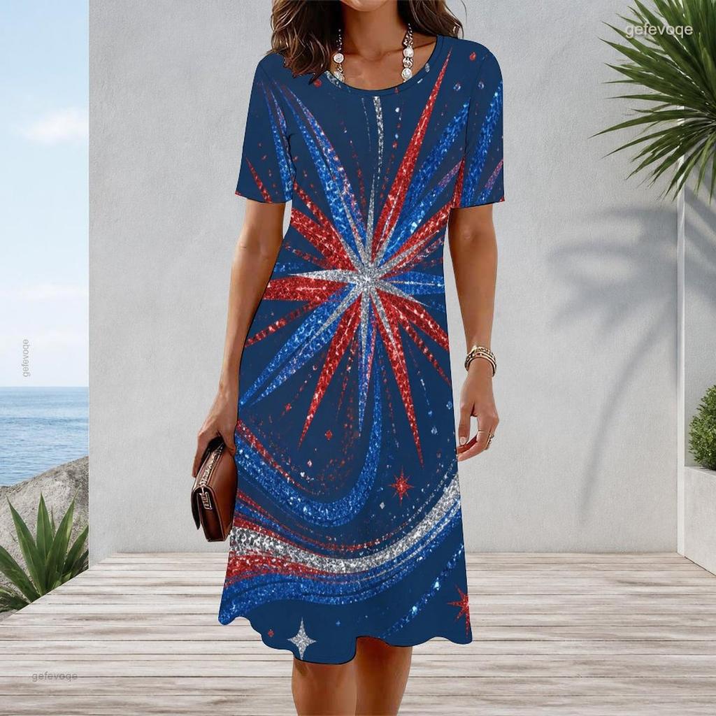 Women Plus Size Round Neck Short Sleeve Star Printed A Line Dress Red White Blue