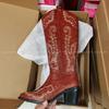 IPPEUM Cowboy Boots For Women Embroider Chunky Heel Red Leather Cowgirl Shoes Knee High Western Botas Cowboy Femininas