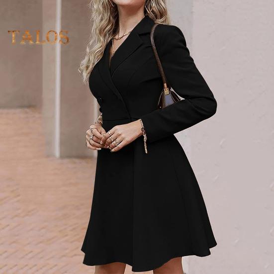 Fall Winter Women Jacket Double-breasted A-line Slim Fit Turn-down Collar Tight Waist Pure Color Formal Business Office Dress Long Sleeve Commuting