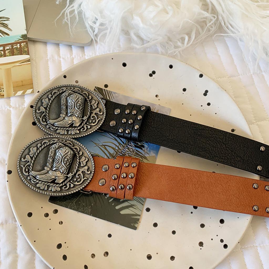 Retro Studded Women's Fashion Belt Decorative Carved Motif Adjustable Cowgirl Punk Style PU Leather Accessory