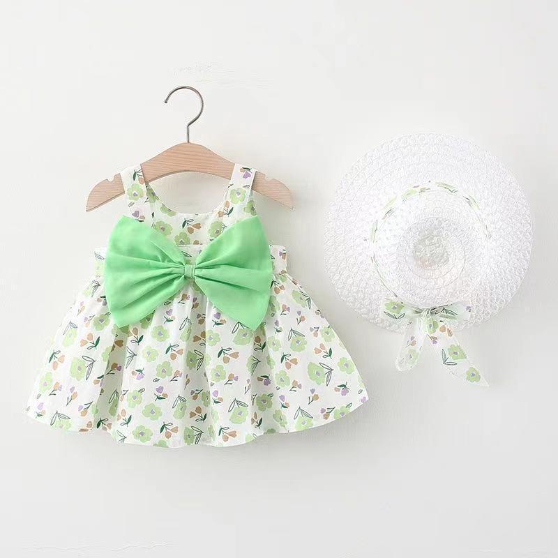 A749 Vestido de Princesa para Bebé Niña de Verano con Lazo Grande y Falda de Flores, Incluye Sombrero, para Edades 1-4