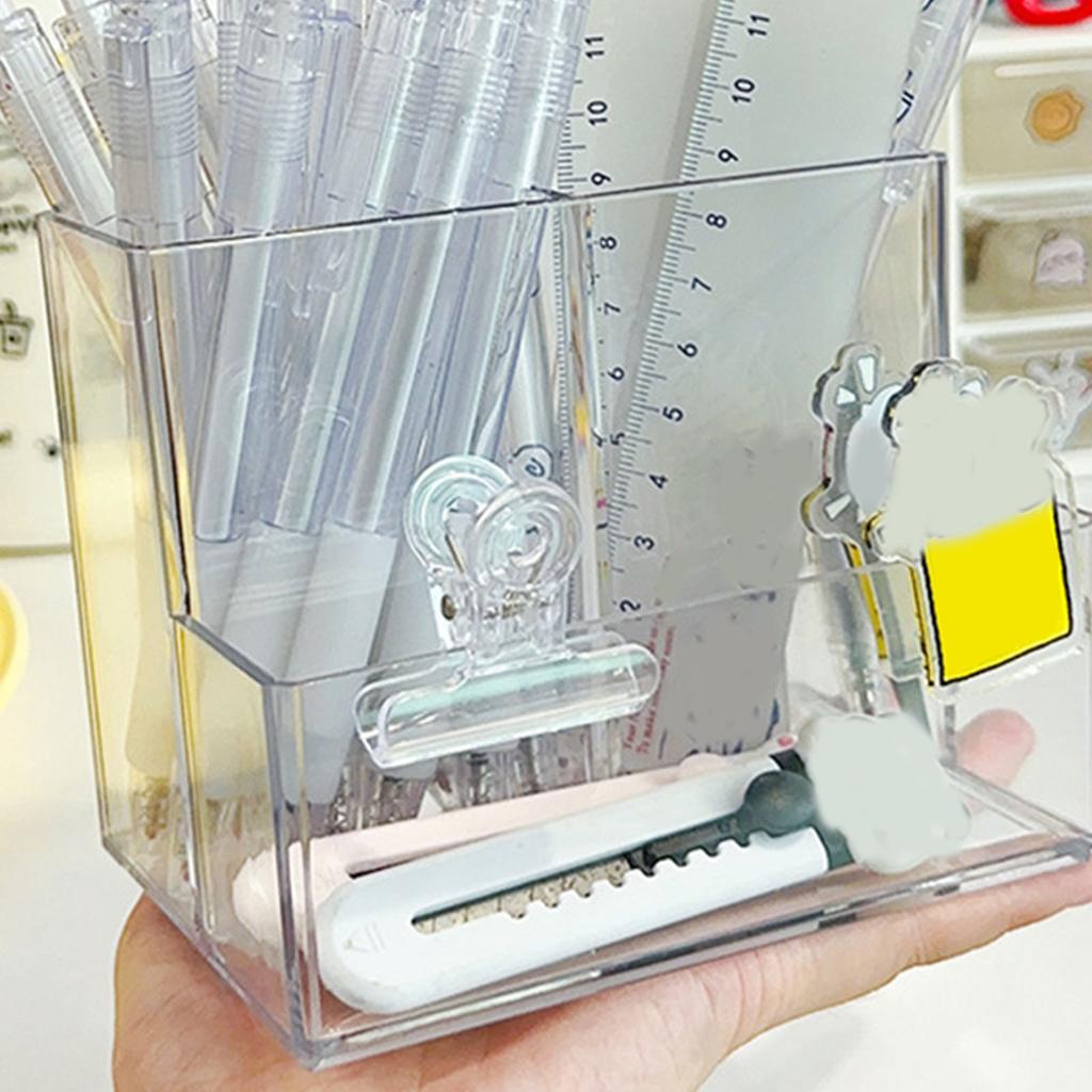 Transparent Acrylic Pen Holder 3 Compartment Large Capacity Students Desktop Storage Organizer for S