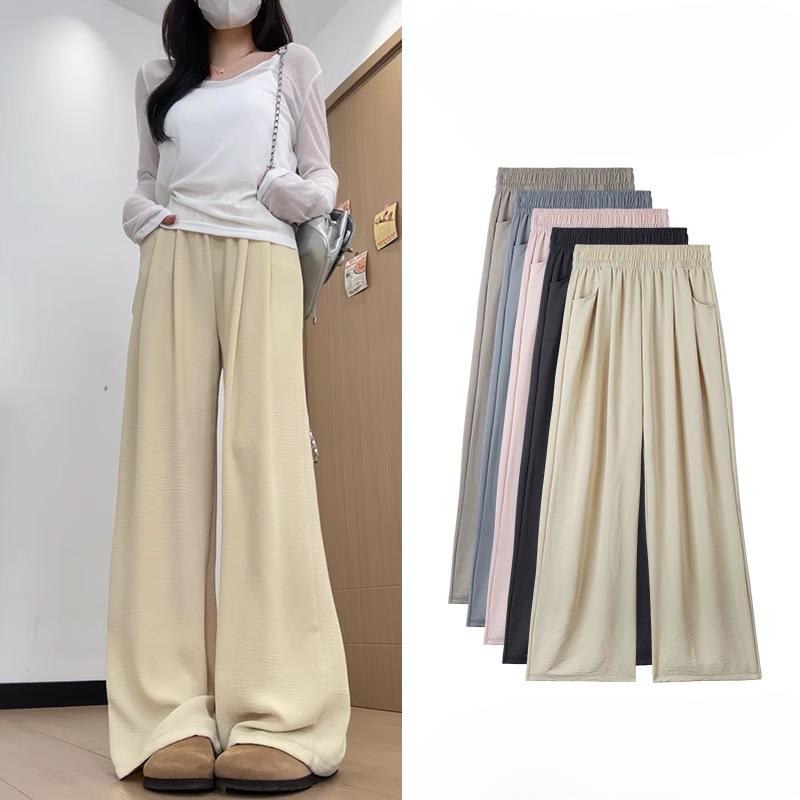 Women's Summer Lightweight Milk Apricot Wide-Leg Pants High-Waisted Loose Lazy Style Casual Long Trousers
