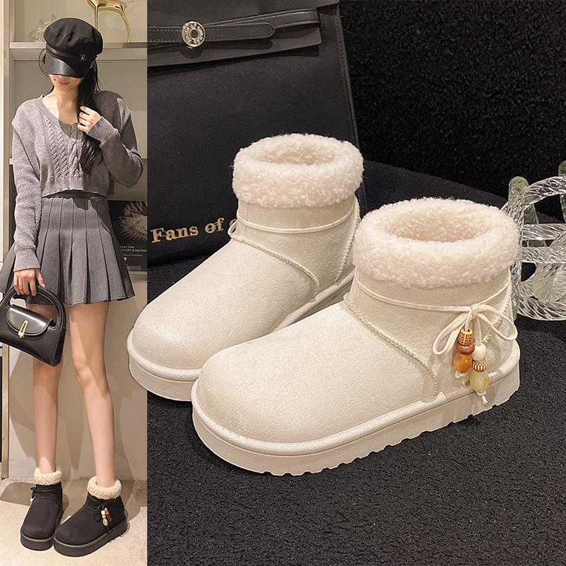 Fashion Sweet Bowknot Decoration Cotton Snow Boots Women 2025 Winter Warm Short Plush Ankle Boots Fashion Faux Fur Slip On Booties