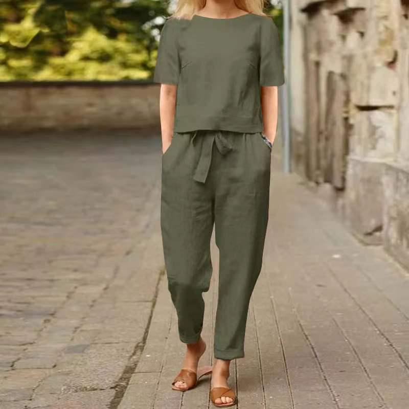 Women's Cotton-Linen Summer Set: Half-Sleeve O-Neck Cardigan & Wide-Leg Pants Retro Two-Piece