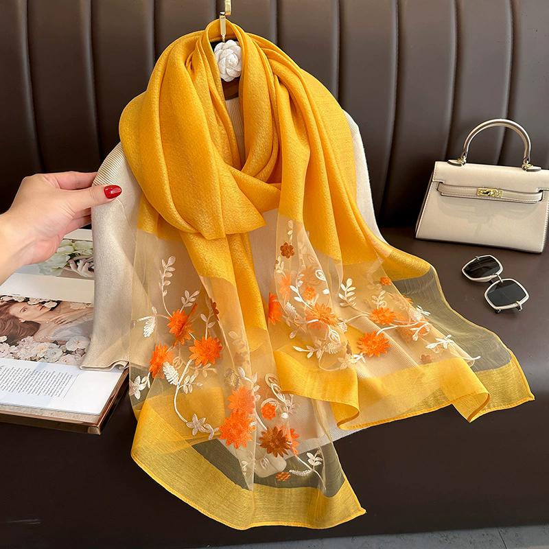 Floral Embroidery Elegant Silk Scarf Simulated Silk Soft Thin Shawl Scarf Solid Color 180*70Cm Beach Uv Protection Turban