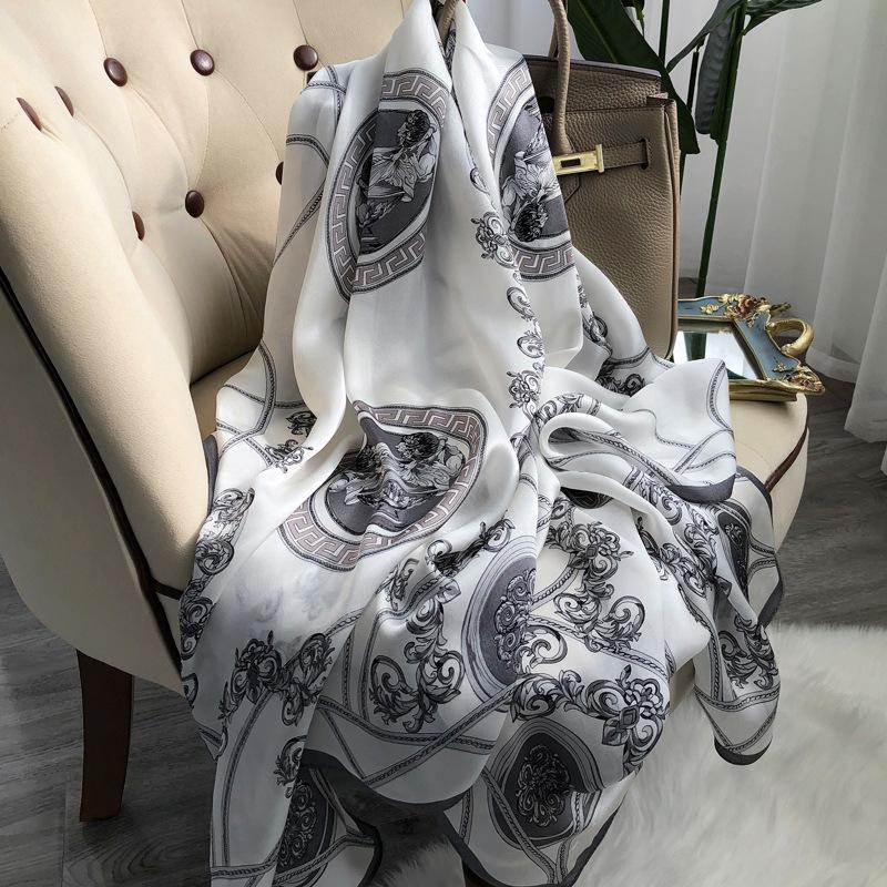 Silk Scarf Women'S Versatile Light Luxury Calla Lily Long Mulberry Silk Scarf Anti-Sun Shawl