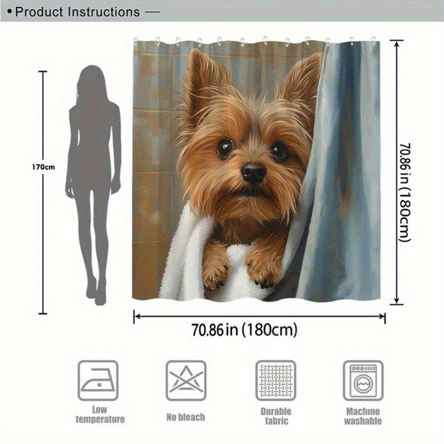 1pc Yorkshire Terrier Puppy Shower Curtain - Hyper Realistic Design, White Towel Wrapped Dog, Blue Bathrobe Background, Cozy Bat