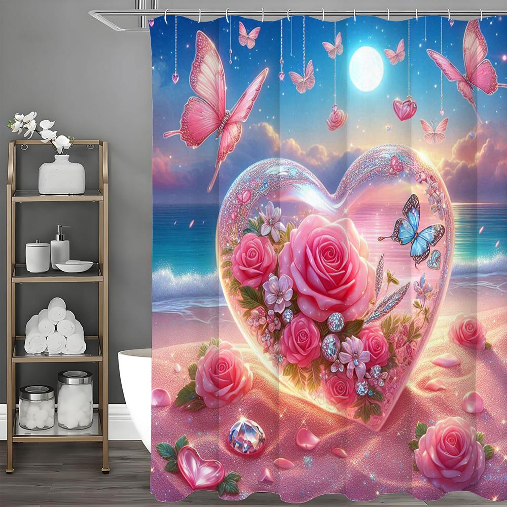 Ocean Beach Pink Butterfly Rose Floral Botanical Shower Curtain, Bathroom Decorative Shower Curtain, Waterproof Shower Curtain w