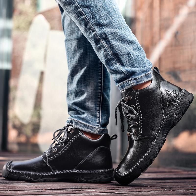 High Top Casual Shoes Men's Lace Up Genuine Leather Flat Bottom Boots High-quality Hiking Shoes Men Wide Toe Barefoot Boots Lace