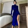 High Neck Long Sleeve Velvet Slim Fit Ruched Slit Dress for Women