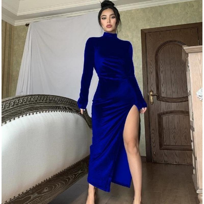 High Neck Long Sleeve Velvet Slim Fit Ruched Slit Dress for Women