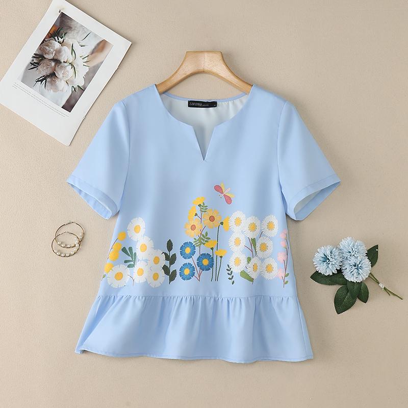 ZANZEA Women Casual V-Neck Short Sleeve Floral Print Blouse