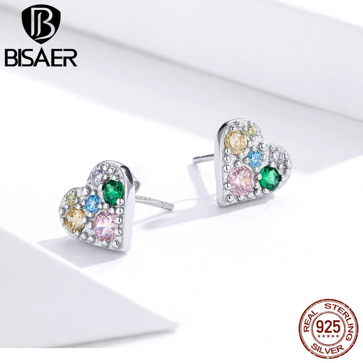 

BISAER Сердца Ювелирные Изделия Серьги Стерлингового Серебра 925 Цвет Циркон Сердце Женщины Серьги Изысканные Ювелирные Изделия 925 silver