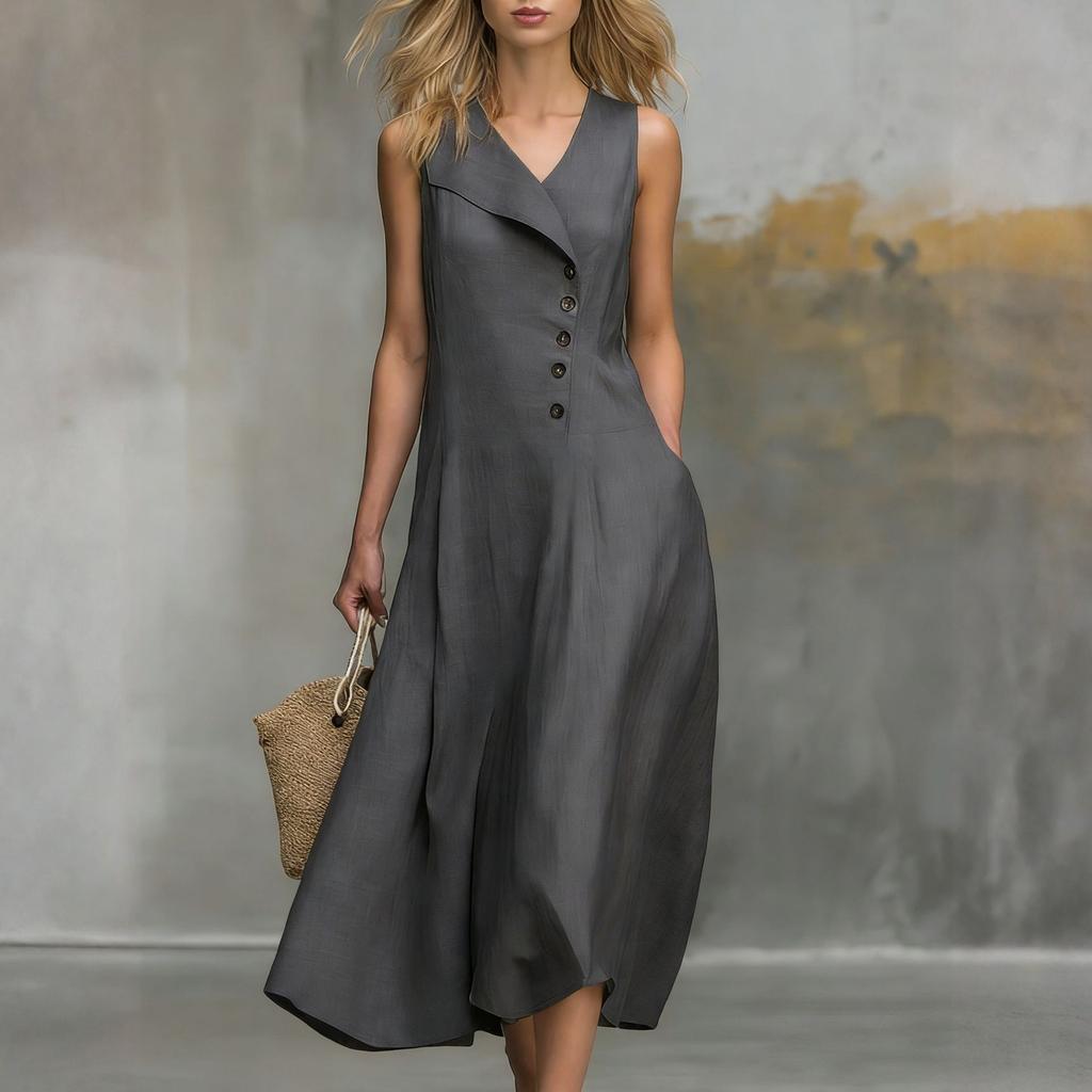Ladies' Casual And Fashionable Lapel Button Closure Sleeveless Dress