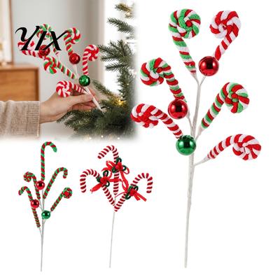 Seasonal Candy Cane Decorations Christmas Pick, Red White Green Plush Stem, Decorative Props Branch for Vase Filler, Wreath, Xmas Tree Decoration