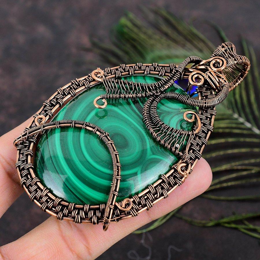 Natürlicher Malachit Edelstein Handarbeit Kupferdraht Wickel Geschenk Anhänger 2.14 R1C85