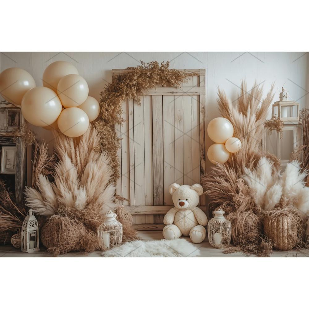 Boho Pampas Teddy Bear Photography Background Balloons Arch Tent Decor Cake Smash Baby 1st Birthday Indoor Photocall Backdrops