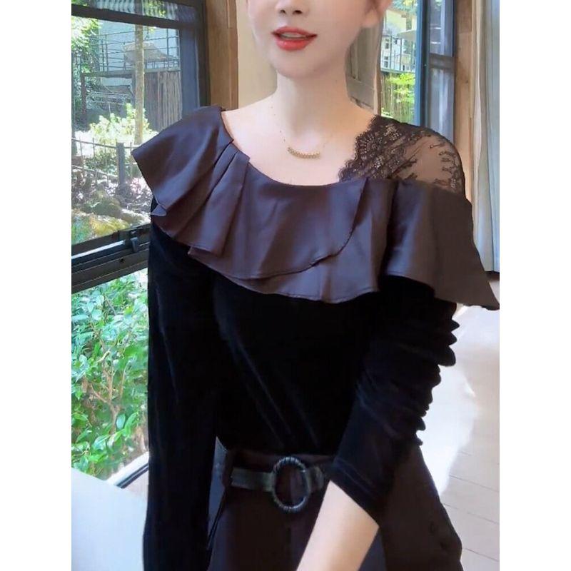 2026 Autumn New Korean Style Plus Size Off-Shoulder Lace Ruffle Patchwork Long Sleeve Slimming Top Versatile and Stylish