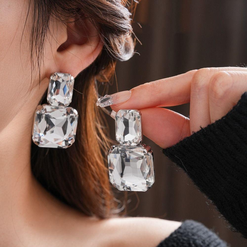 Koreanischer Stil Quadratisches Kristall Schmuckset Kopfkette Funkelndes Halsketten Set Geburtstagsgeschenk