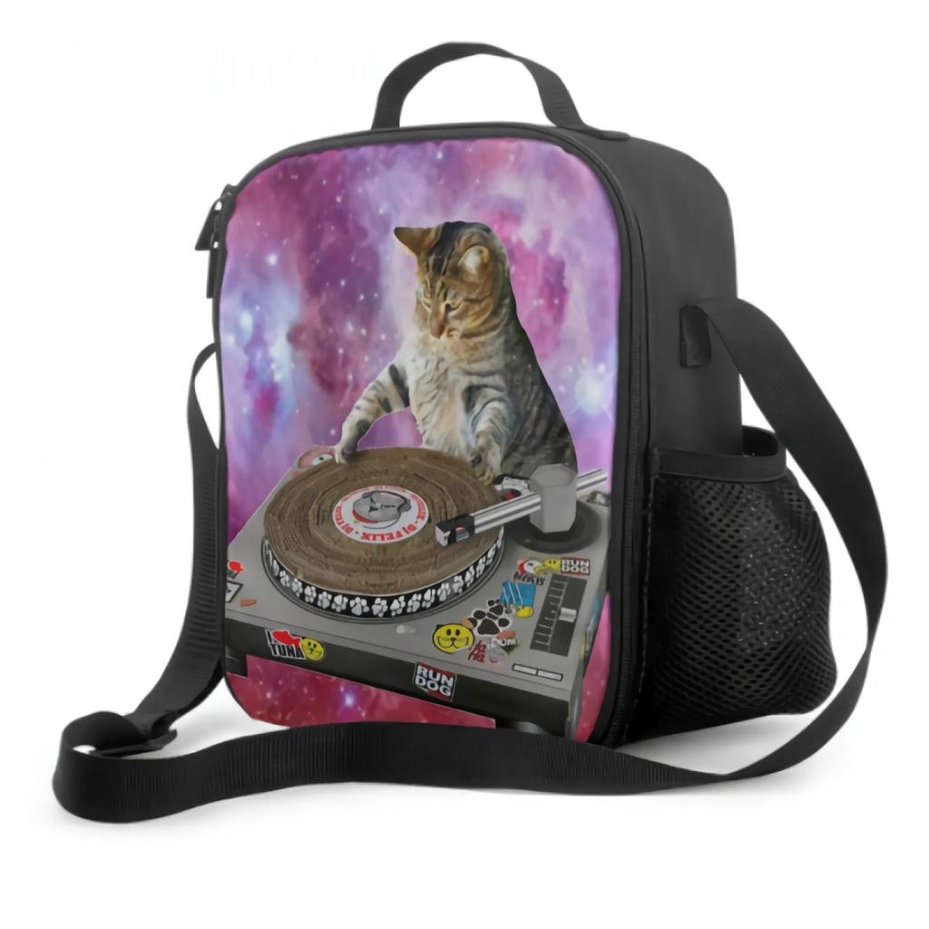 Funny Cat DJ Insulated Lunch Box Leakproof Portable Lunch Bag with Adjustable Shoulder Strap Reusable Cooler Tote Bag for Picnic