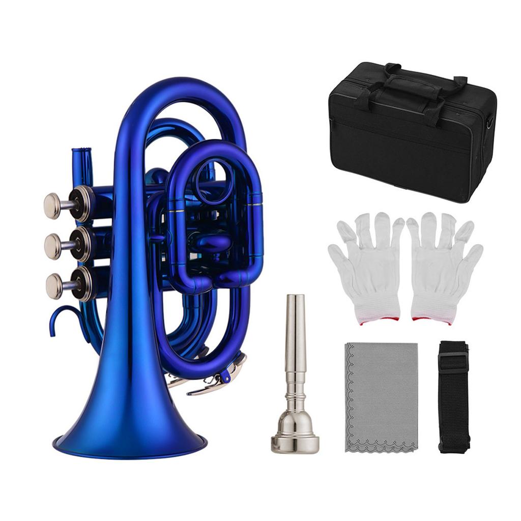 Mini  Trumpet Bb Flat Brass Material Wind Instrument with Mouthpiece Gloves Cleaning Cloth Carrying Case  Trumpet
