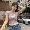 Pure Sweet Spice Girl Fake Two Large U-Neck Short Sleeve T-Shirt Women's Shoulder Summer Korean Semi-Open Neck Color Matching Shoulder Top
