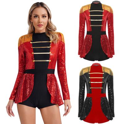 Sparkly Sequin Circus Ringmaster Jumpsuit S-4XL for Women, Tassel Shoulder Boards Skirted Boyshorts Bodysuit Halloween Costume