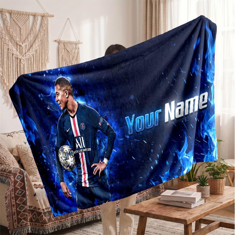 Kylian Mbappe Personalisierte Fleecedecke Mit Fußballlogo, Individueller Name Text Weich Warm Wohnzimmer Überwurfdecke